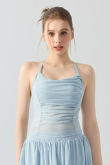 Women's Halter Mesh Ruched Waist Padded Yoga Tank Top