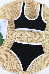 Women's Sexy Color Block Crewneck High Waist Bikini - 2pcs