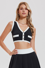 Women's Summer Color-Block V-Neck Sports Tennis Cropped Top