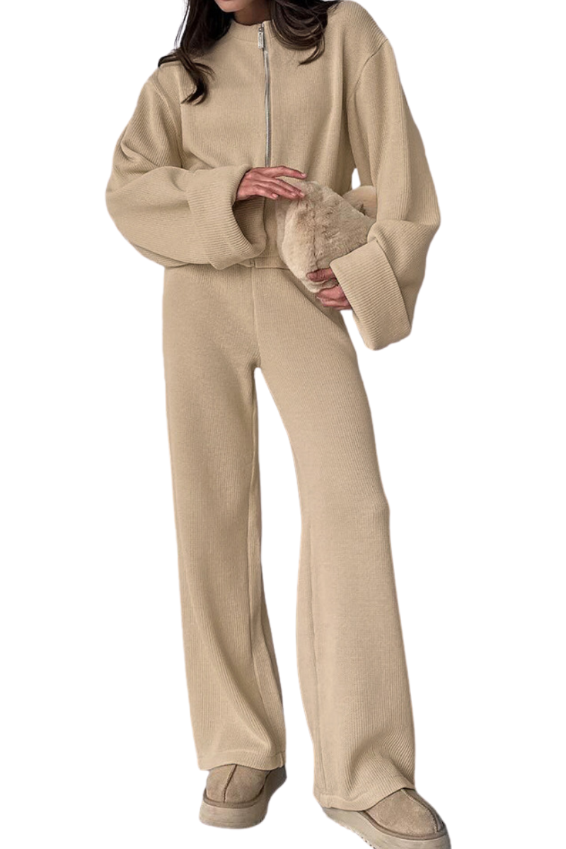 Zipper-fastened jacket and long pants set