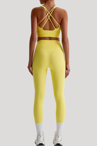 Women Naked Feel Cross Back Yoga Set: High Waisted Seamless Tummy Control Leggings + Crisscross Sports Bra
