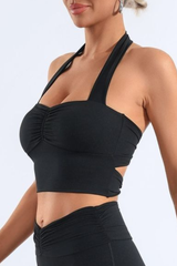 Women's Halter Neck Pleated Twist Back Padded Sports Bra