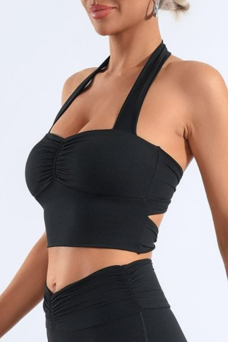 Women's Halter Neck Pleated Twist Back Padded Sports Bra