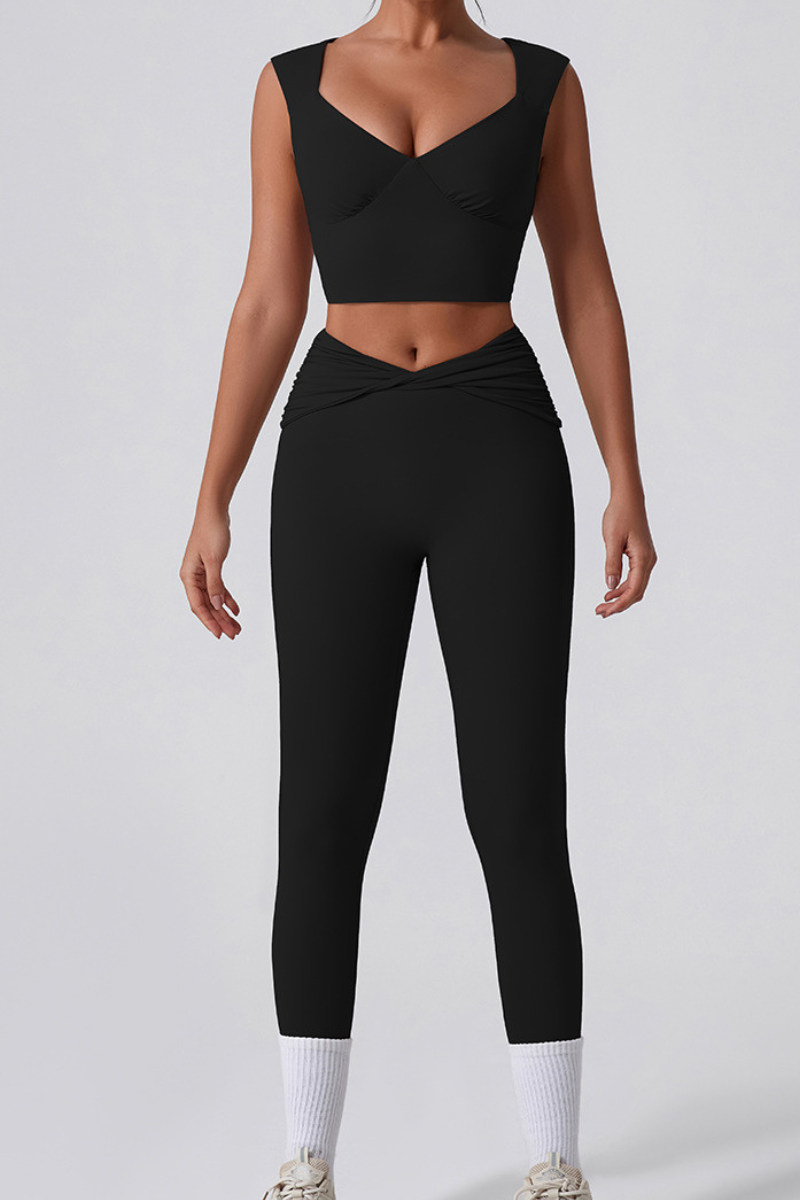 Women's Cropped Tank Top And Twist Cross Waist Leggings Set