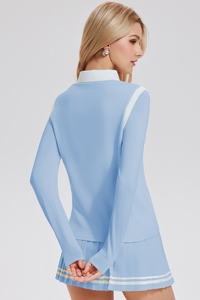 Women's Color-Block Set:Polo Collar Top & Pleat Mini Skirt