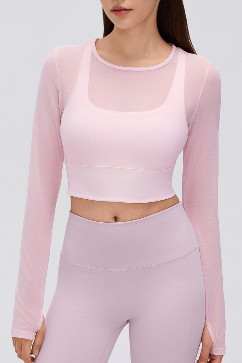 Women's Mock Two-Piece Mesh Padded Cropped Yoga Top