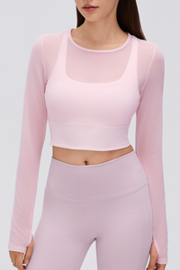 Women's Mock Two-Piece Mesh Padded Cropped Yoga Top