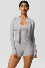Women Tight Yoga Set:Brushed Sports Bra+ Zip Jacket + Shorts