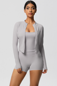 Women Tight Yoga Set:Brushed Sports Bra+ Zip Jacket + Shorts