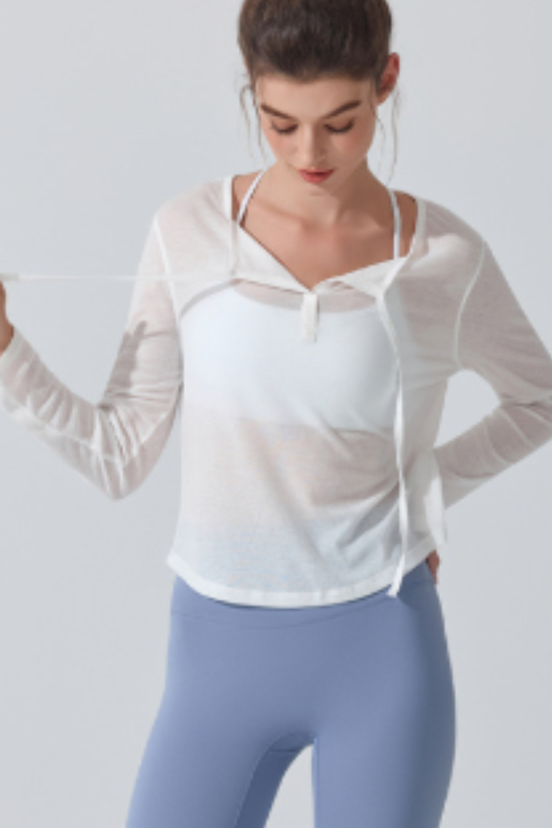 Women's Lightweight Sheer Drawstring Cropped Yoga T-shirts