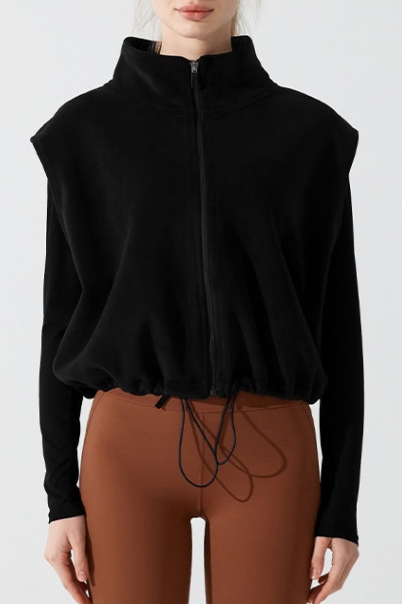 Women's Fall Cropped Drawstring Fleece Stand Collar Vest