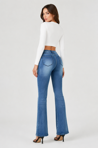 Women's Vintage Distressed Mid Rise Stretch Slim Flare Jeans