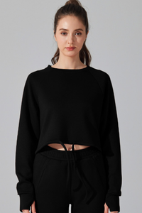 Women's Cropped Drawstring Long Sleeve Athletic Sweatshirt