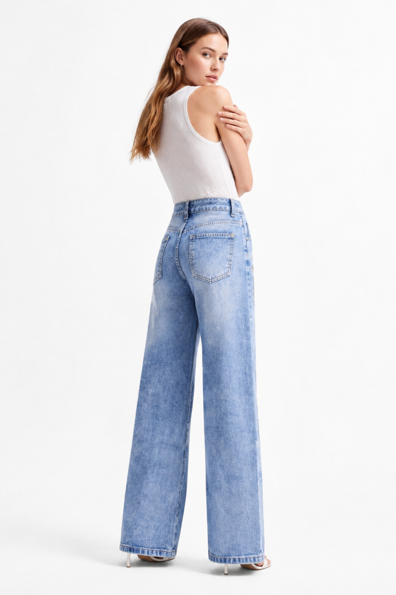 Women's High Waist Side Studded Wide Leg Jeans