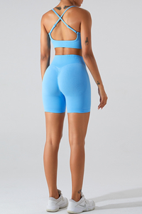 Women's Cross Back Bra And Pleated Buttocks Lift Shorts