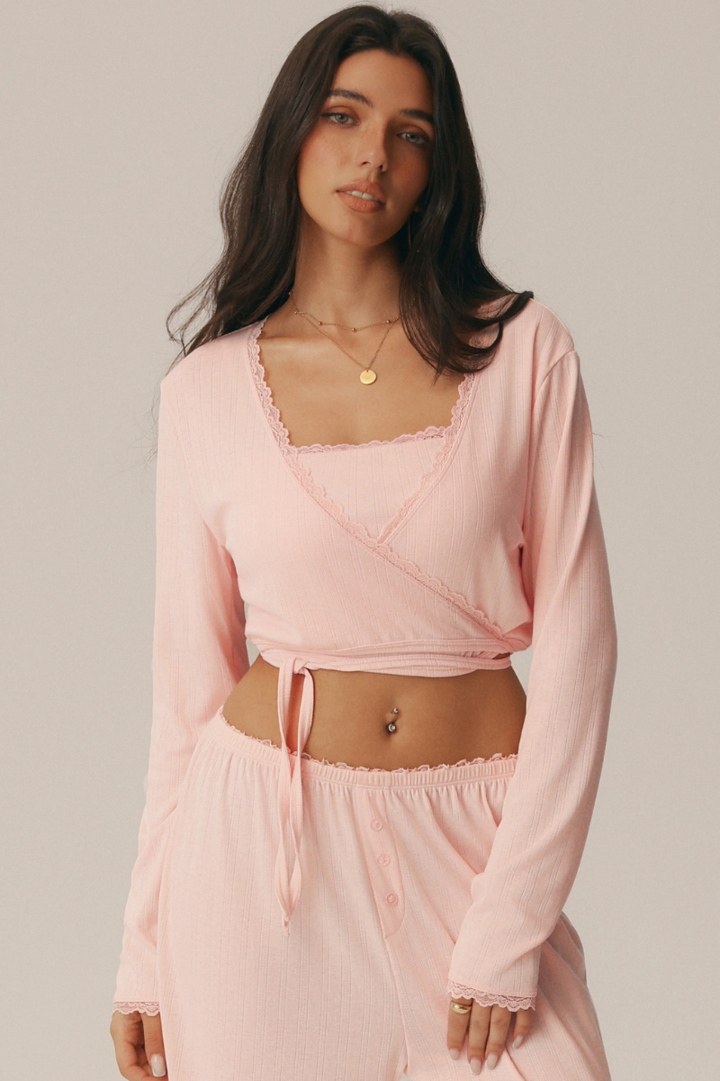 Women's V Neck Lace Trim Wrap Tie Cropped Long Sleeve Pilates Top