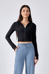 Women Hooded Drawstring Short Slim Outdoor Sports Fitness Yoga Jacket