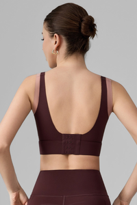 Women's Wide Strap Color-Block Faux Two-Piece Sports Bra