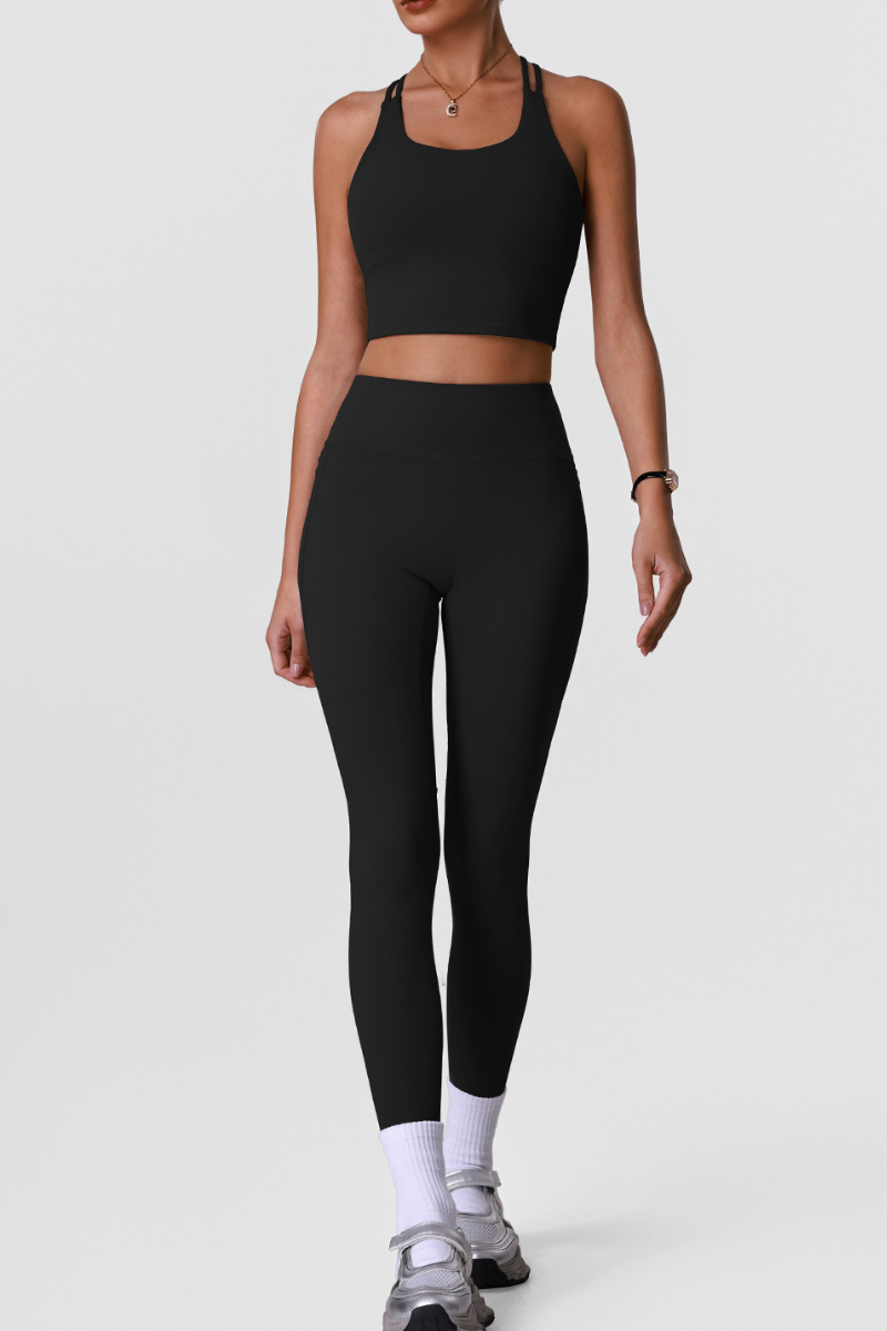 Women's Sports Sets:Cross Back Bra And Side Pocket Leggings