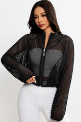 Women's Mock Neck Full Mesh Sheer Cropped Zip-Up Jacket