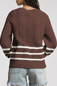 Women's Winter Crew Neck Cable Knit Contrast Stripe Sweater