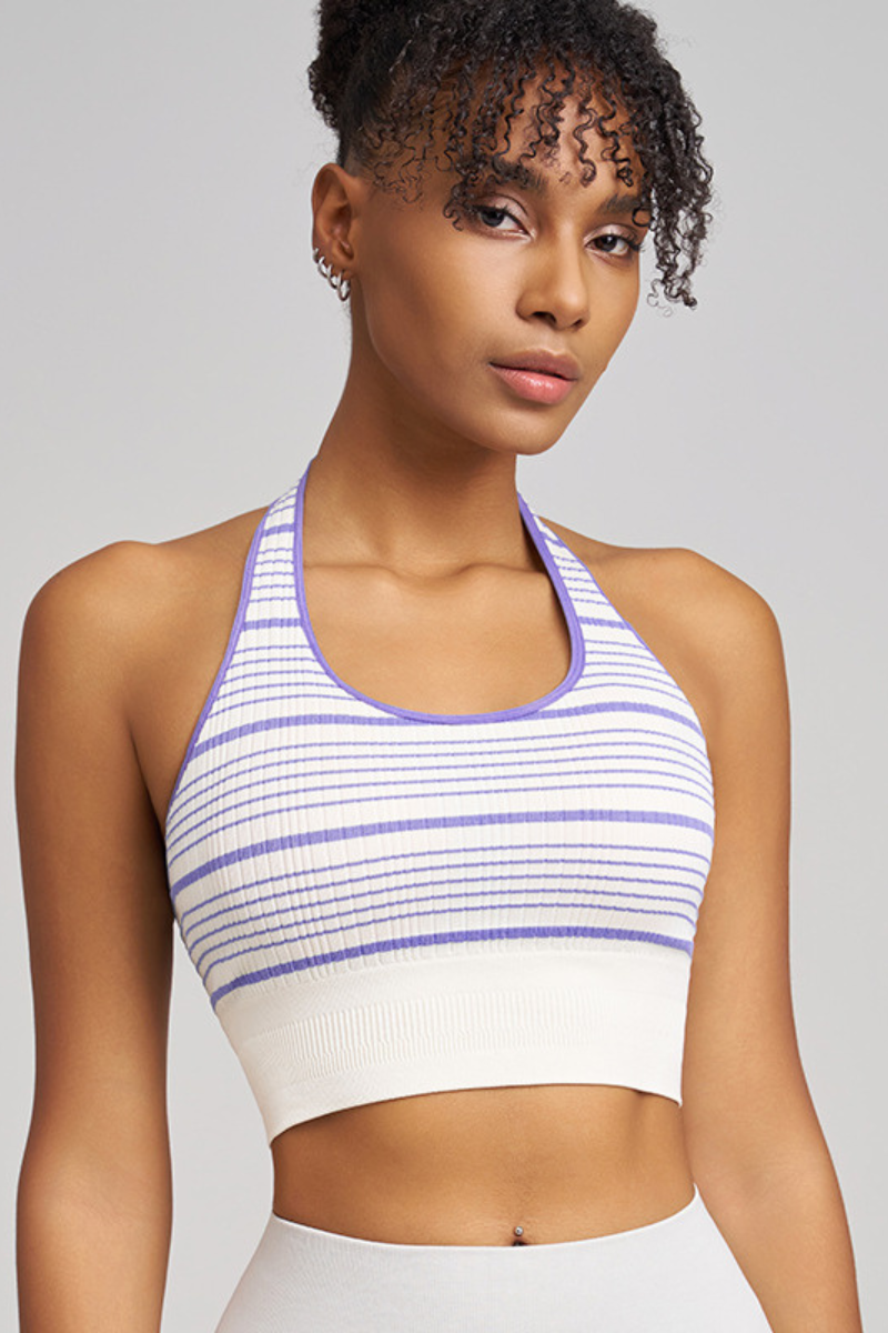 Women's Striped Color-Blocked Halter Neck Sports Bra