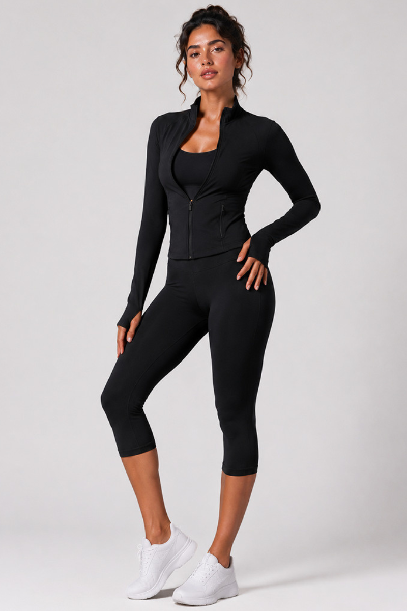 Women's Stand Collar Jacket & Capri Leggings Workout Sets