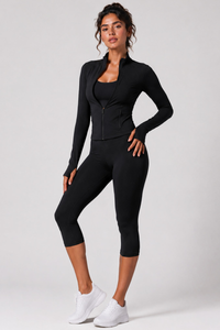 Women's Stand Collar Jacket & Capri Leggings Workout Sets
