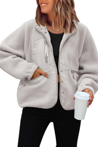 Women's Fall/Winter Patch Pockets Fleece Snap Button Jacket