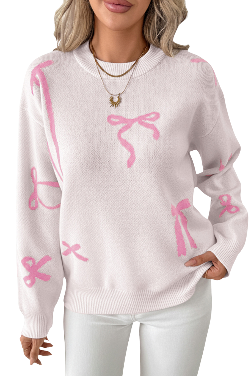 Women's bow-print knitted casual sweater.