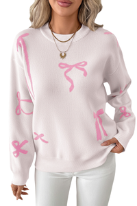 Women's bow-print knitted casual sweater.