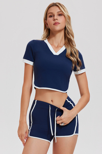 Women's V-Neck Cropped T-shirt & Shorts 2-Piece Tennis Set
