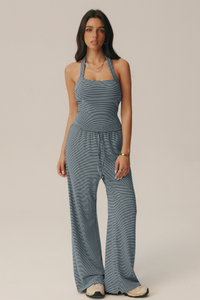 Women Vintage Striped Set: Halter Tank Top & Casual Pants