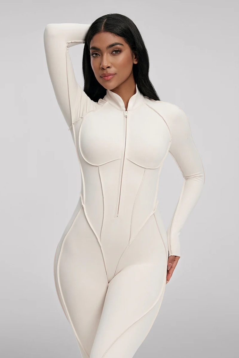 Women's Stand Collar Seam Detail Yoga Long Sleeve Jumpsuit