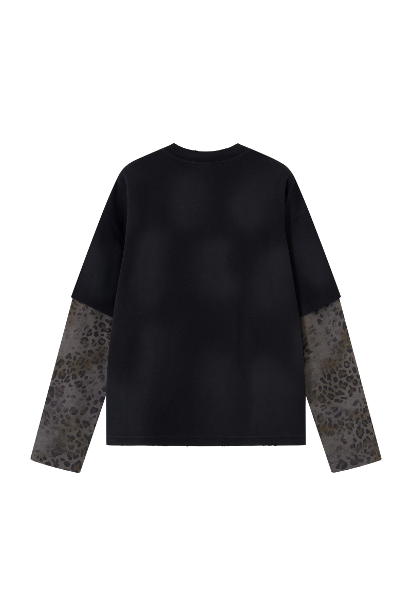 Men's Fall 100% Cotton Leopard Print Splicing Fake Two-Piece Long Sleeve Tee