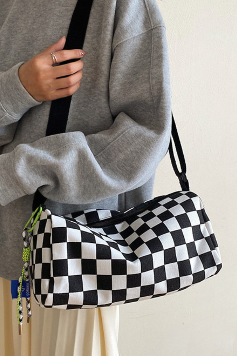 Unisex Checkered Canvas Cylinder Crossbody Bag