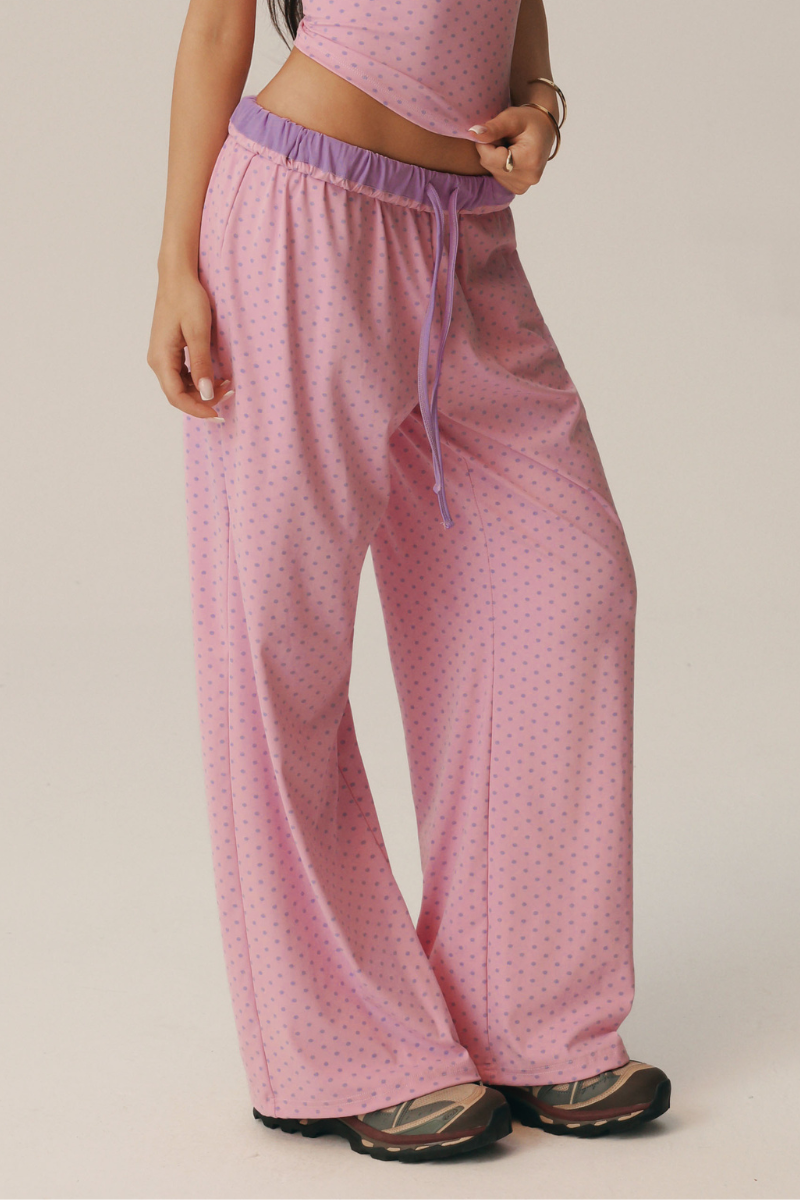 Women's Polka Dot Elastic-Waist Drawstring Wide Leg Pants
