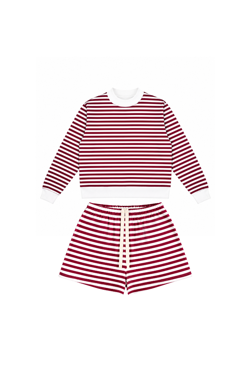 Women's Fleece Loungewear Sets:Stripe Sweatshirt & Shorts