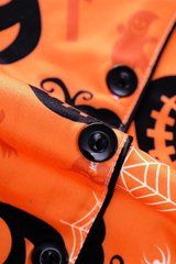 Women's Fall Halloween Pumpkin Spider Web Print Pajama Set