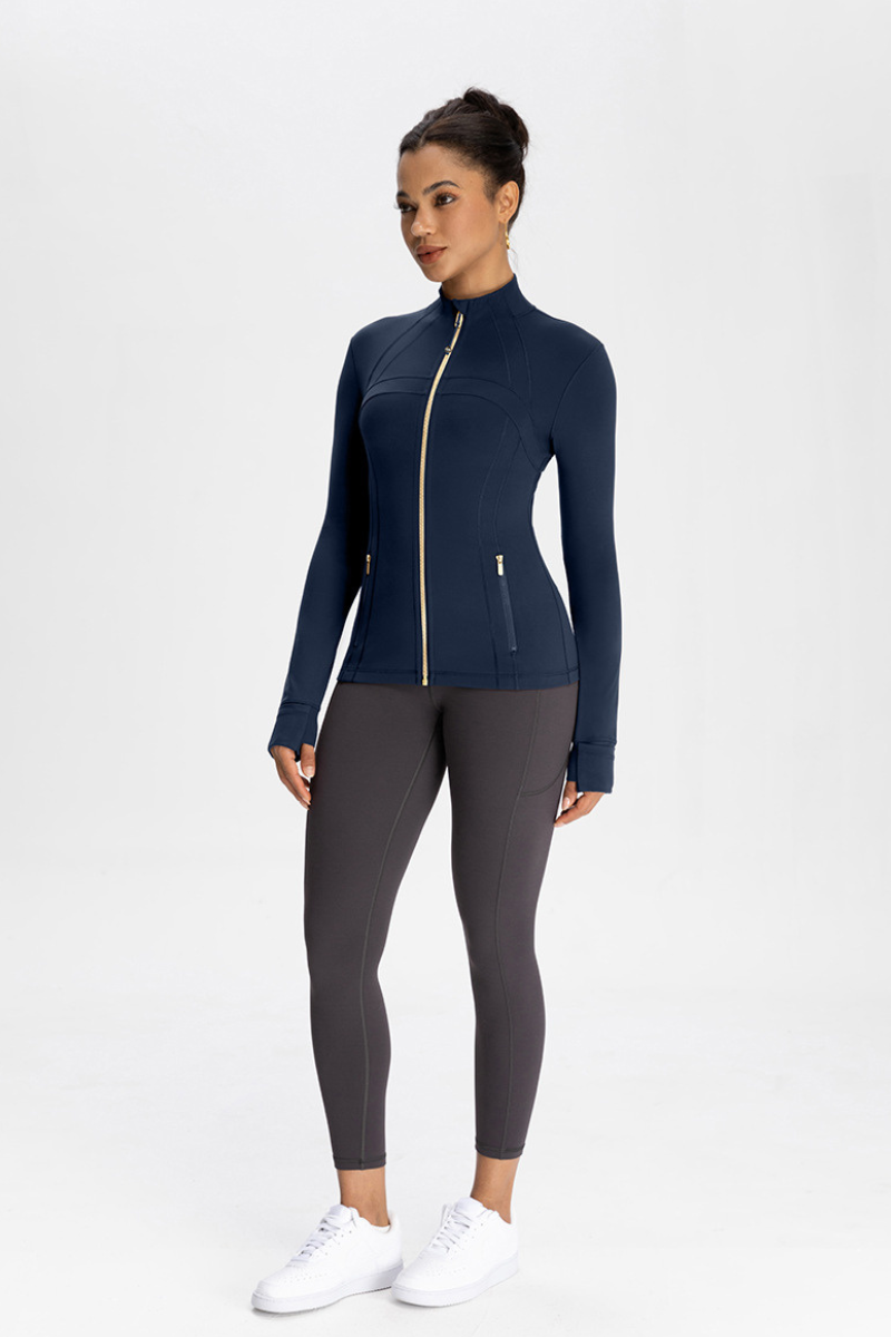 Gold-colored zipper-fastened jacket with a stand-up collar