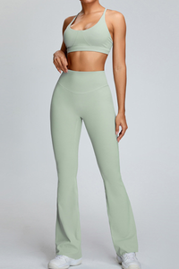 Women's Athletic Set:U-neck Cross Back Bra And Flare Pants