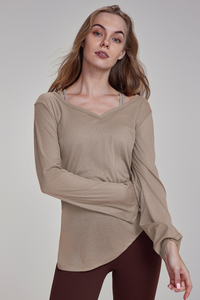 Women's Spring Side Drawstring Loose Yoga Long Sleeve Top