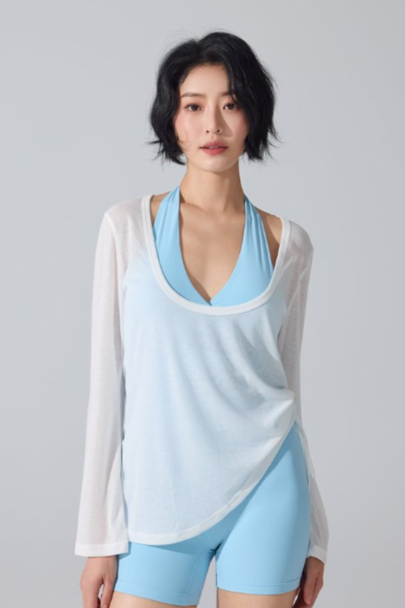 Women's Wide U-Neck Side Drawstring Sheer Long Sleeve Yoga Cover-Up