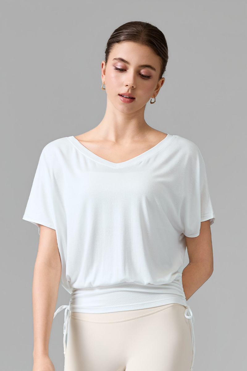 Women's V Neck Batwing Sleeve Side Drawstring Loose Fit Top