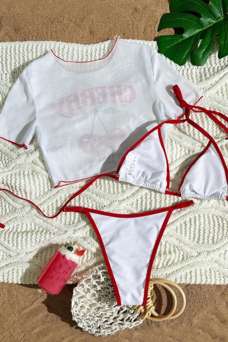 Women's Cherry Print Color Block Triangle Three Piece Bikini