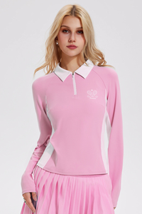 Women’s Color-Block Half-Zipper Polo Long-Sleeve Top