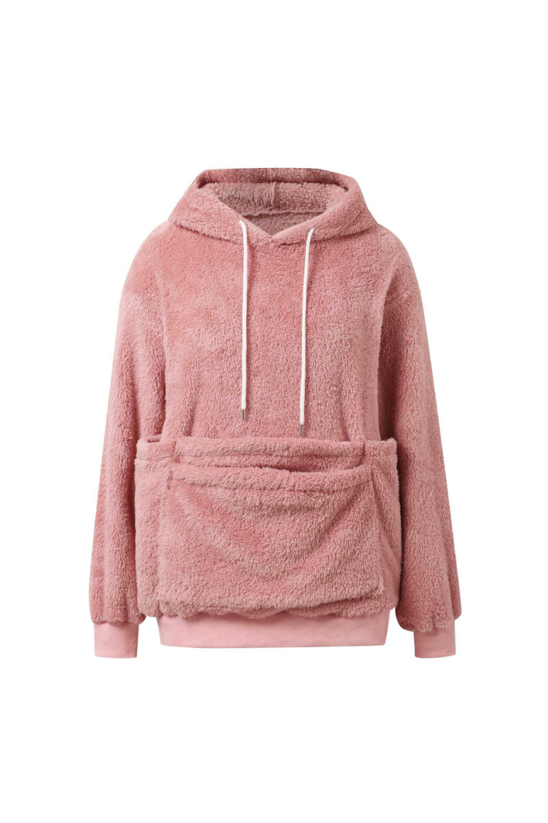 Women's Plush Long-Sleeve Drawstring Hoodie with Pet Pouch