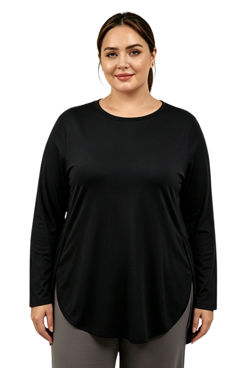 Plus Size Women's Fall Side Slit Curved Hem Long Sleeve Top