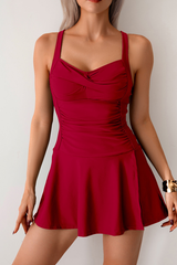 Women's Ruched Spaghetti Straps Side Slit Pleated Swimsuit