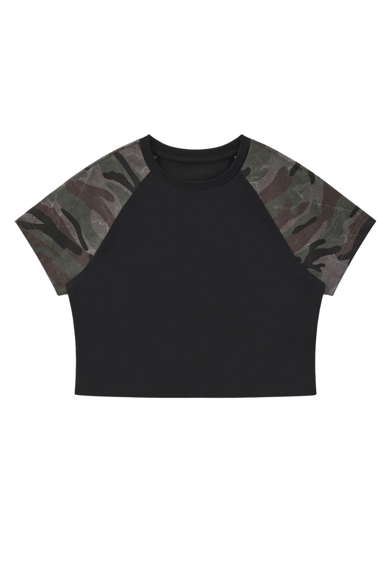 Women's Summer Cotton Camo Raglan Sleeve Cropped Tee